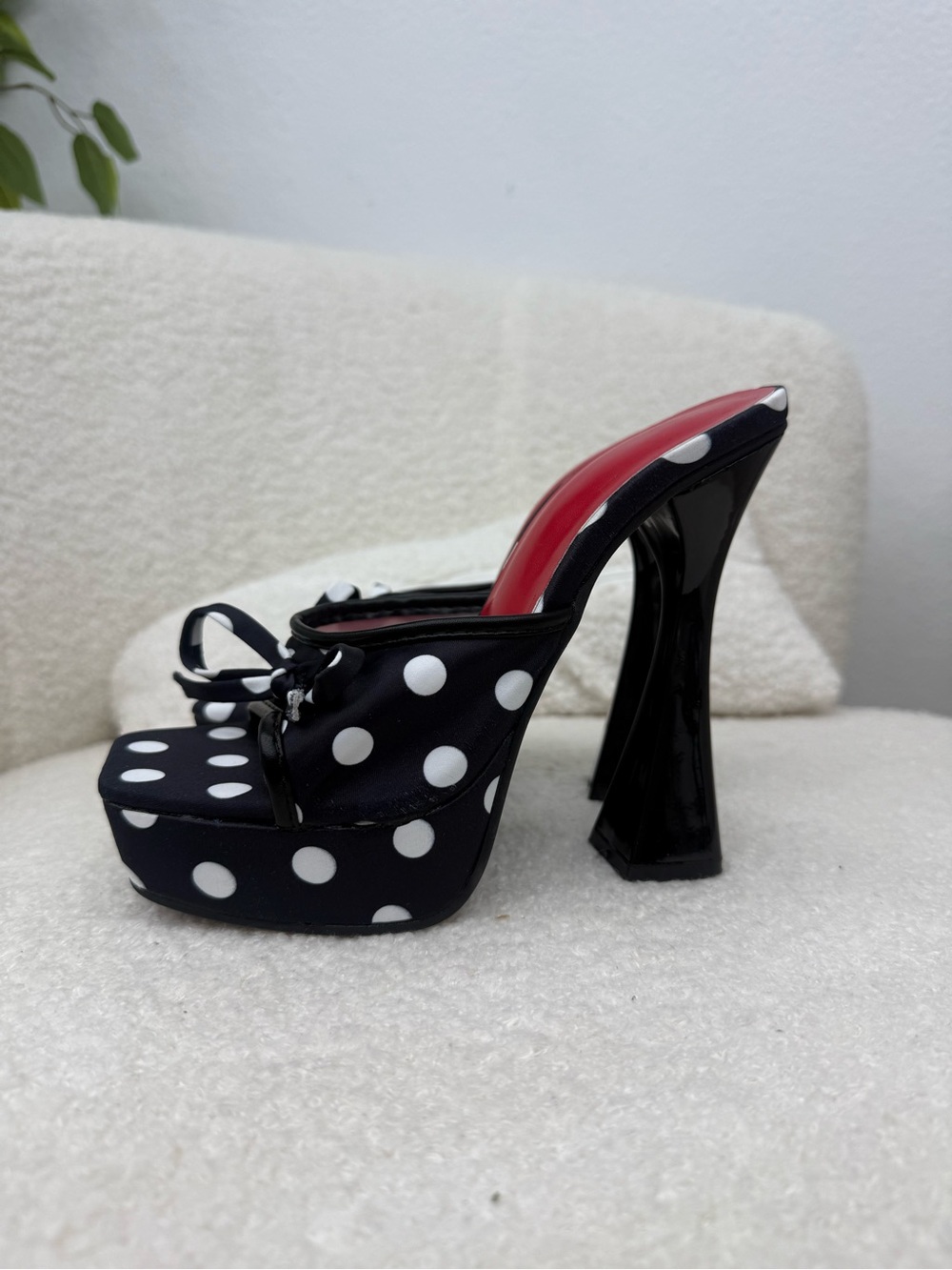 Black Polka Dot Platform Mule with Red Insole